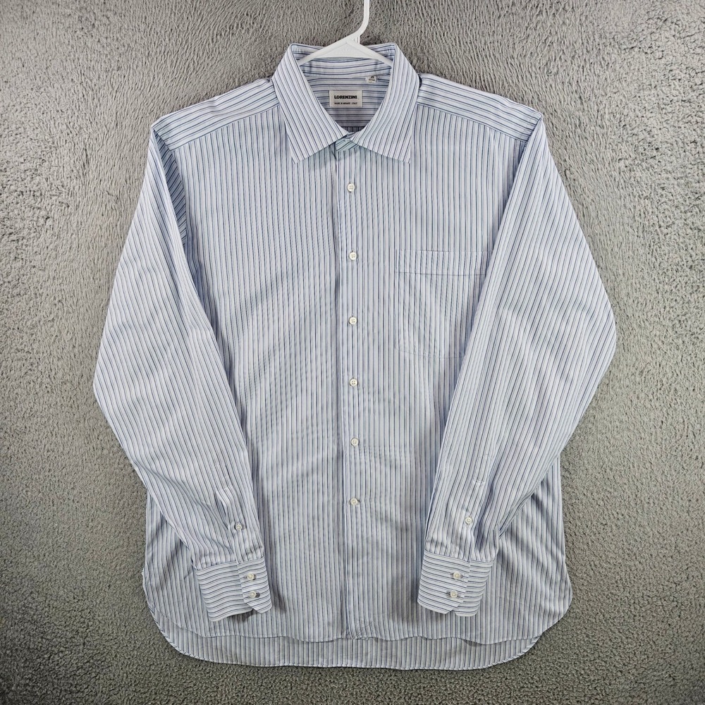 Lorenzini Mens Blue White Striped Cotton Dress Shirt Made in Italy Size 17 43